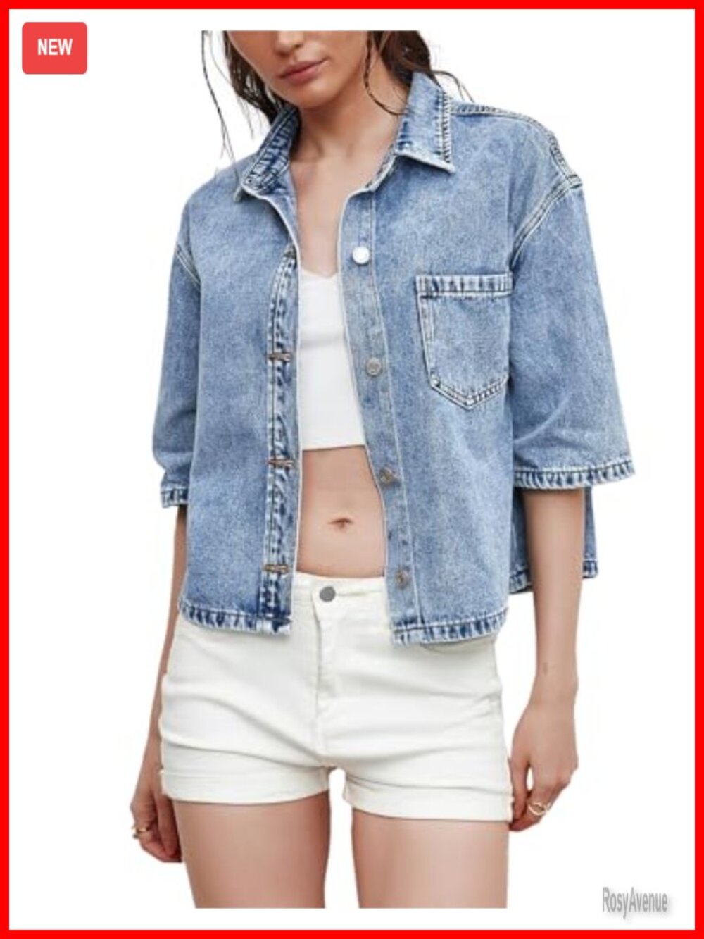 Women's Denim Button Down Short Sleeve Shirt Casual Turn Down Collar Jean Tops